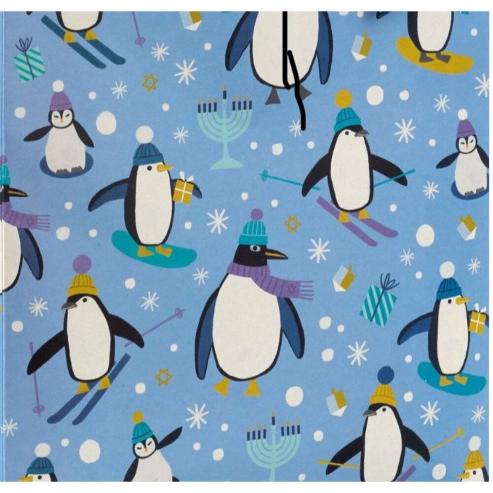 Hallmark Wrapping Paper Hanukkah Skiing Penguins/Stars of David Reversible 30 sq